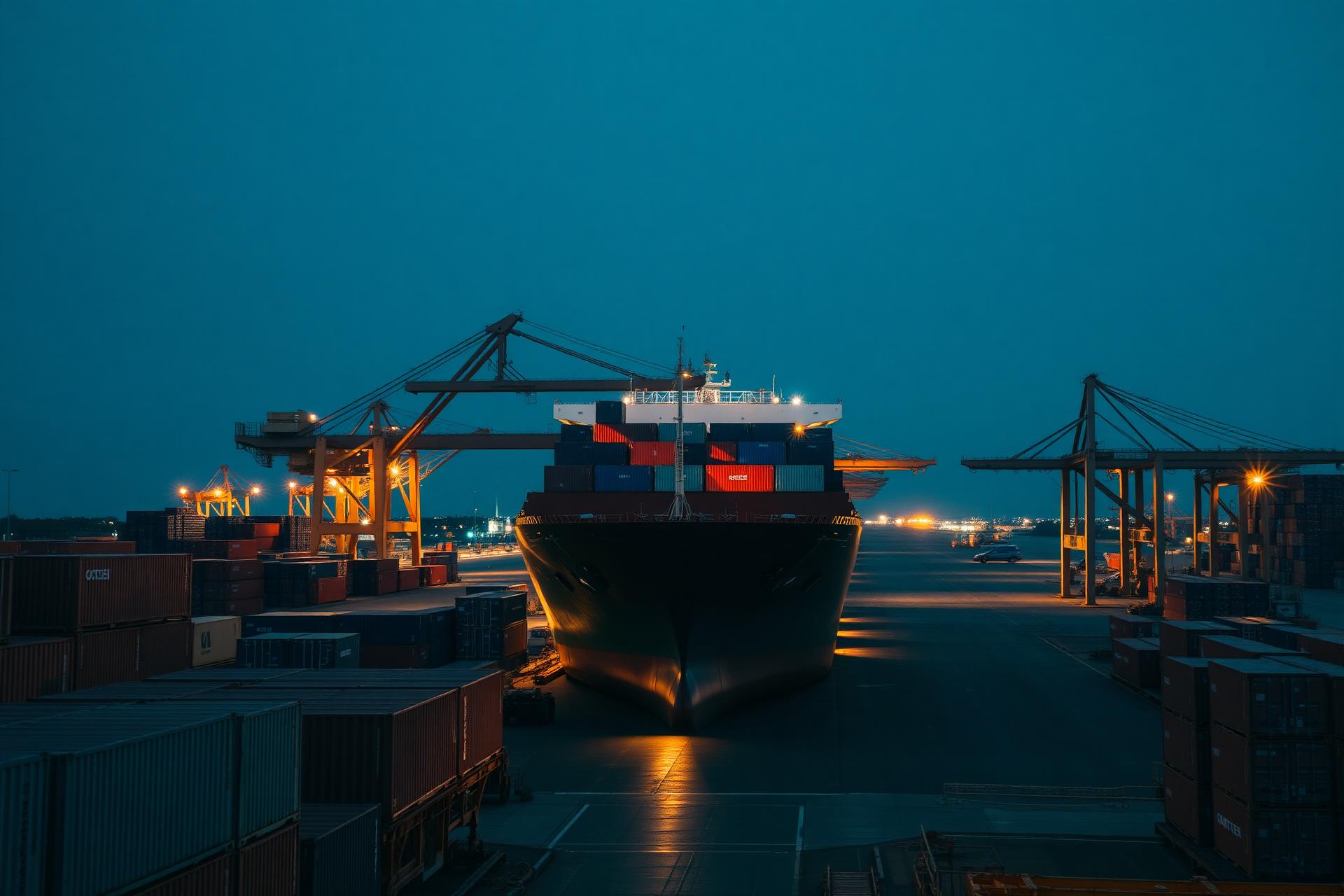 Container ship at a global shipping port at dusk