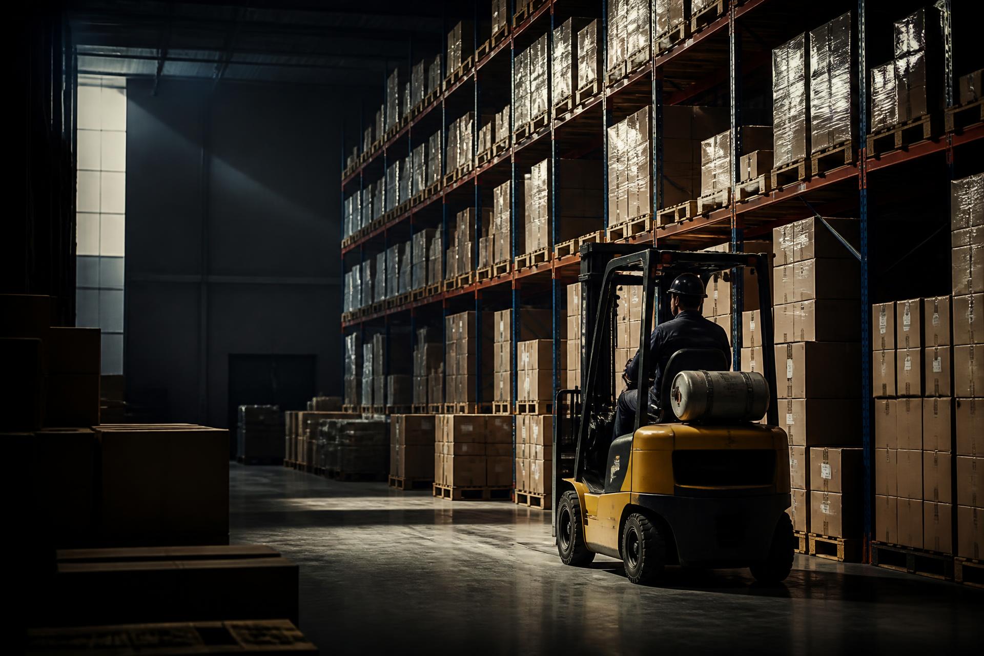 Forklift operator moving pallets inside a NexCorp distribution warehouse